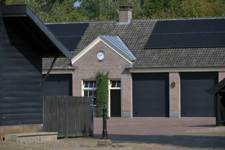 Achat panneau solaire. Deux rangées de panneaux photovoltaïques sur un toit incliné.