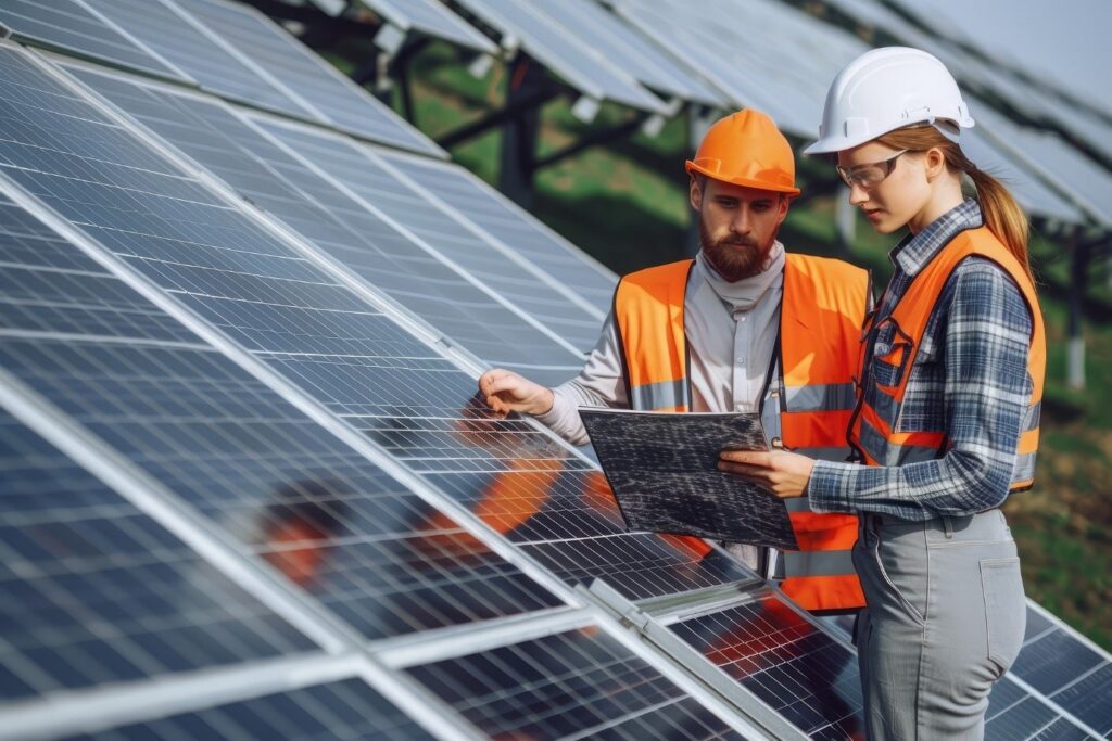 Garantie panneau solaire. Techniciens en train de vérifier une installation photovoltaïque.