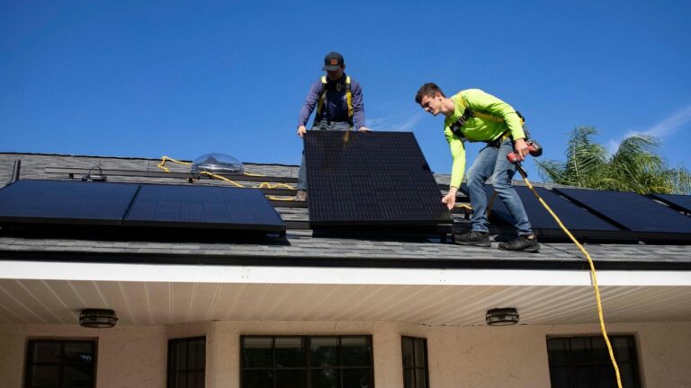 Qui peut installer des panneaux solaires. Des techniciens en train d’installer des panneaux photovoltaïques.